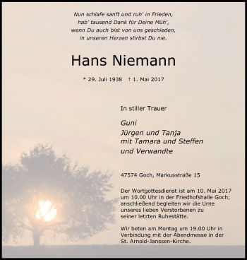 Traueranzeige von Hans Niemann von Gocher Wochenblatt