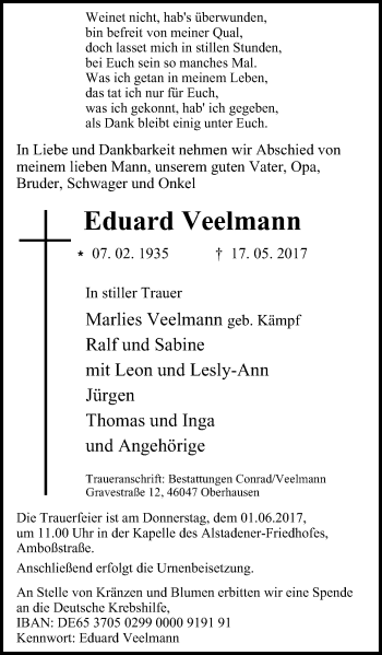 Traueranzeige von Eduard Veelmann von Wochen-Anzeiger Oberhausen