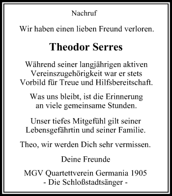 Traueranzeige von Theodor Serres von Stadtanzeiger Velbert + Heiligenhaus