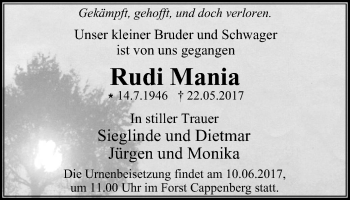 Traueranzeige von Rudi Mania von Stadtanz.Castrop-Rauxel