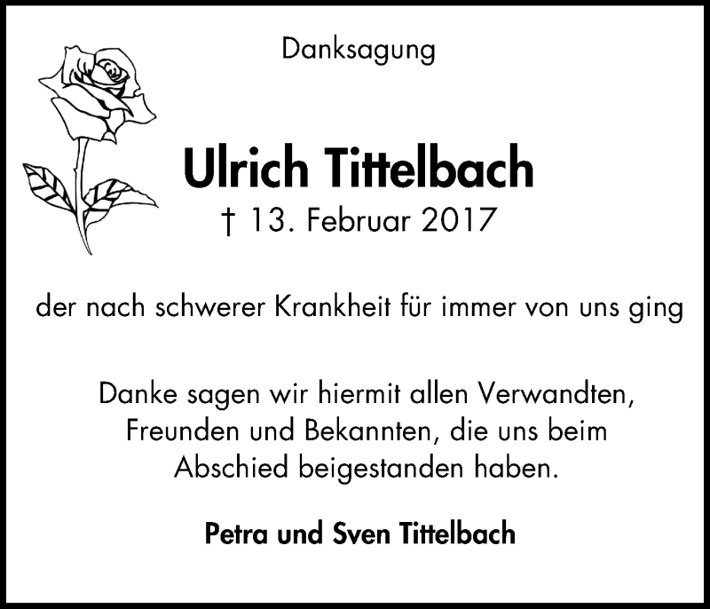  Traueranzeige für Ulrich Tittelbach vom 03.06.2017 aus Wochen-Anzeiger Langenfeld/Monheim/Hilden