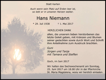 Traueranzeige von Hans Niemann von Gocher Wochenblatt