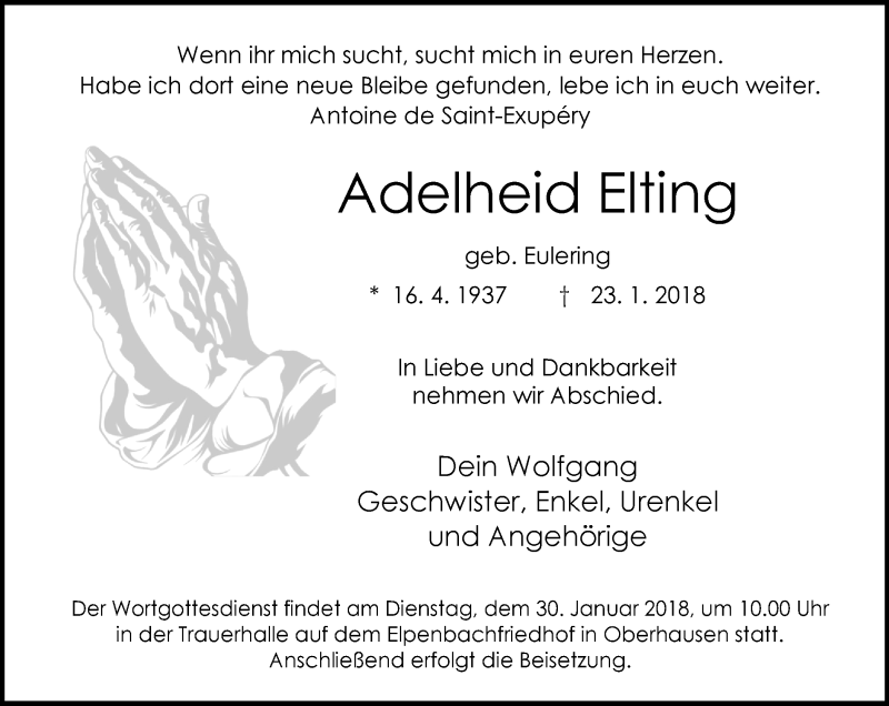  Traueranzeige für Adelheid Elting vom 27.01.2018 aus Wochen-Anzeiger Oberhausen