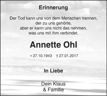 Traueranzeige von Annette Ohl von Stadtspiegel Bottrop