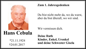 Traueranzeige von Hans Cebula von Stadtanz.Castrop-Rauxel