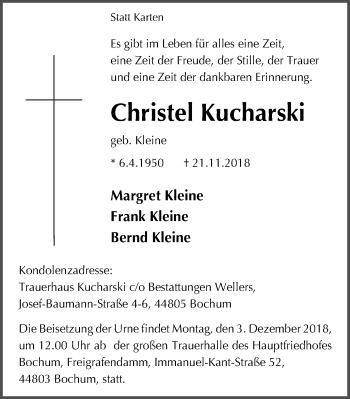 Traueranzeige von Christel Kucharski von Stadtspiegel Bochum