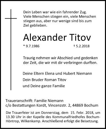 Traueranzeige von Alexander Titov von Stadtspiegel Bochum + Wattenscheid