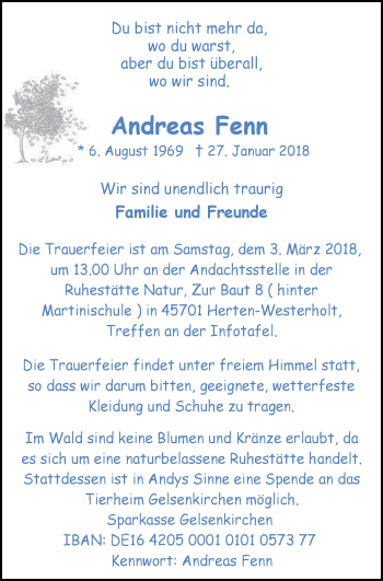 Traueranzeige von Andreas Fenn von Stadtspiegel Gelsenkirchen