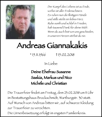 Traueranzeige von Andreas Giannakais von Stadtanz.Castrop-Rauxel