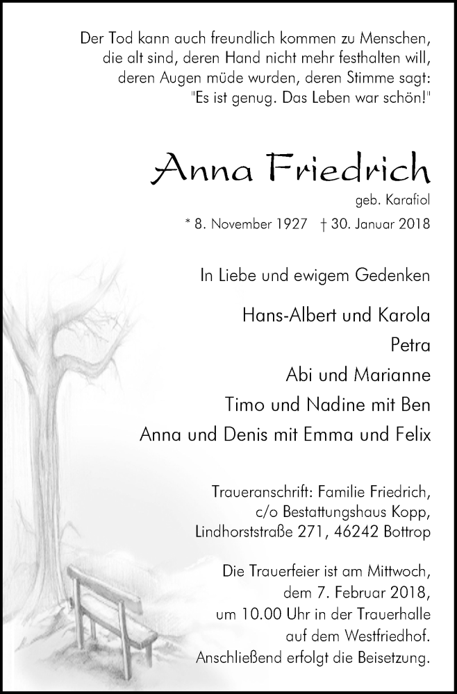  Traueranzeige für Anna Friedrich vom 03.02.2018 aus Stadtspiegel Bottrop