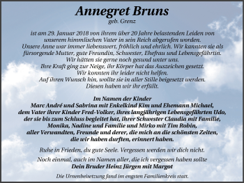 Traueranzeige von Annegret Bruns von Lüner Anzeiger