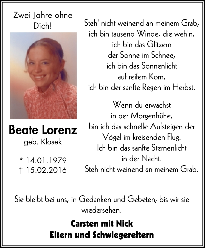  Traueranzeige für Beate Lorenz vom 14.02.2018 aus Klever Wochenblatt