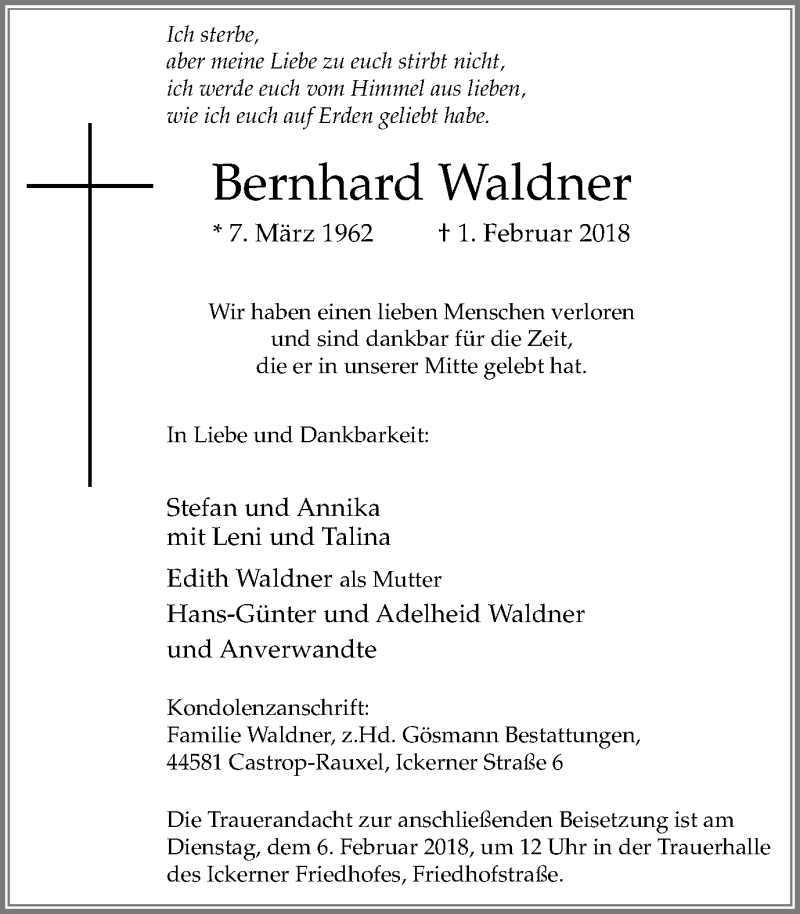  Traueranzeige für Bernhard Waldner vom 03.02.2018 aus Stadtanz.Castrop-Rauxel