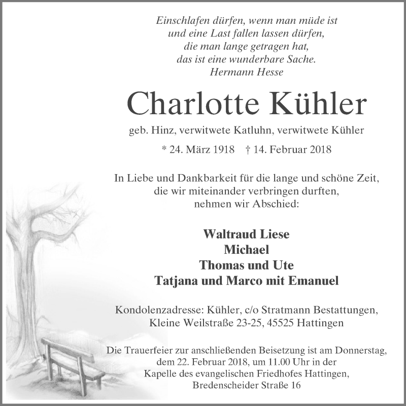  Traueranzeige für Charlotte Kühler vom 21.02.2018 aus Stadtspiegel Hattingen/Niedersprockhövel
