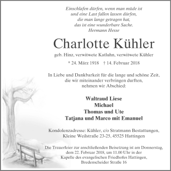 Traueranzeige von Charlotte Kühler von Stadtspiegel Hattingen/Niedersprockhövel