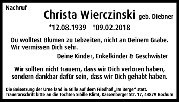 Traueranzeige von Christa Wierczinski von Stadtspiegel Bochum + Wattenscheid