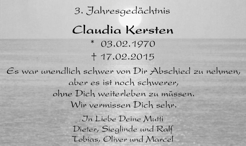  Traueranzeige für Claudia Kersten vom 17.02.2018 aus Gocher Wochenblatt