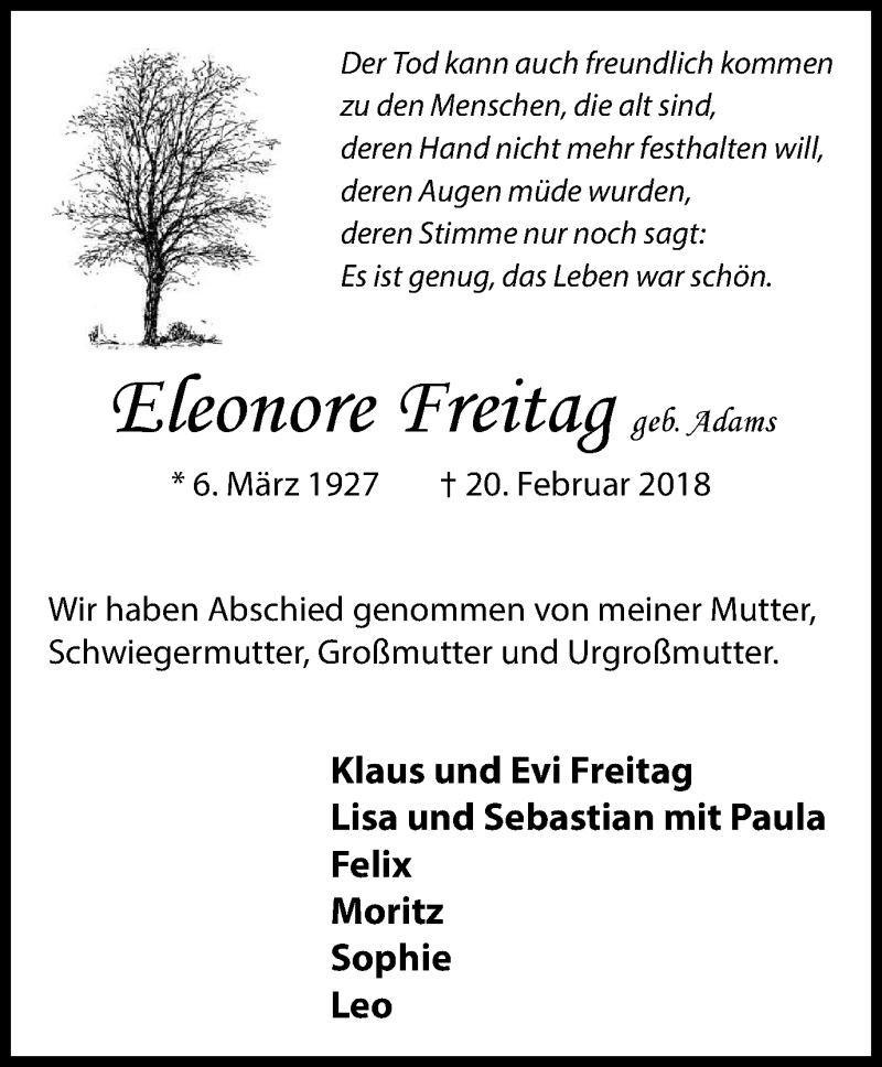  Traueranzeige für Eleonore Freitag vom 24.02.2018 aus Ruhr Kurier