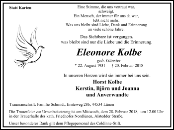 Traueranzeige von Eleonore Kolbe von Lüner Anzeiger