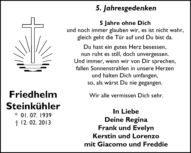  Traueranzeige für Friedhelm Steinkühler vom 14.02.2018 aus Stadtspiegel Bottrop