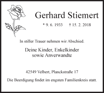 Traueranzeige von Gerhard Stiemert von Stadtanzeiger Velbert + Heiligenhaus