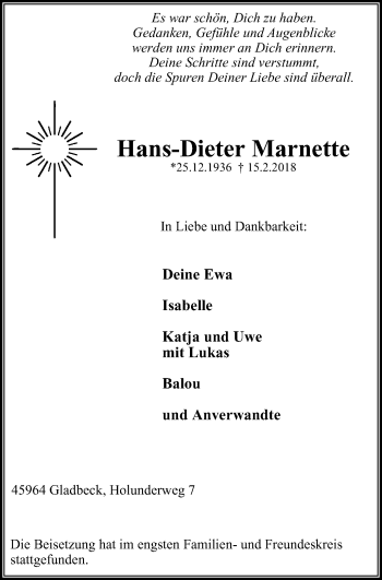 Traueranzeige von Hans-Dieter Marnette von Stadtspiegel Gladbeck
