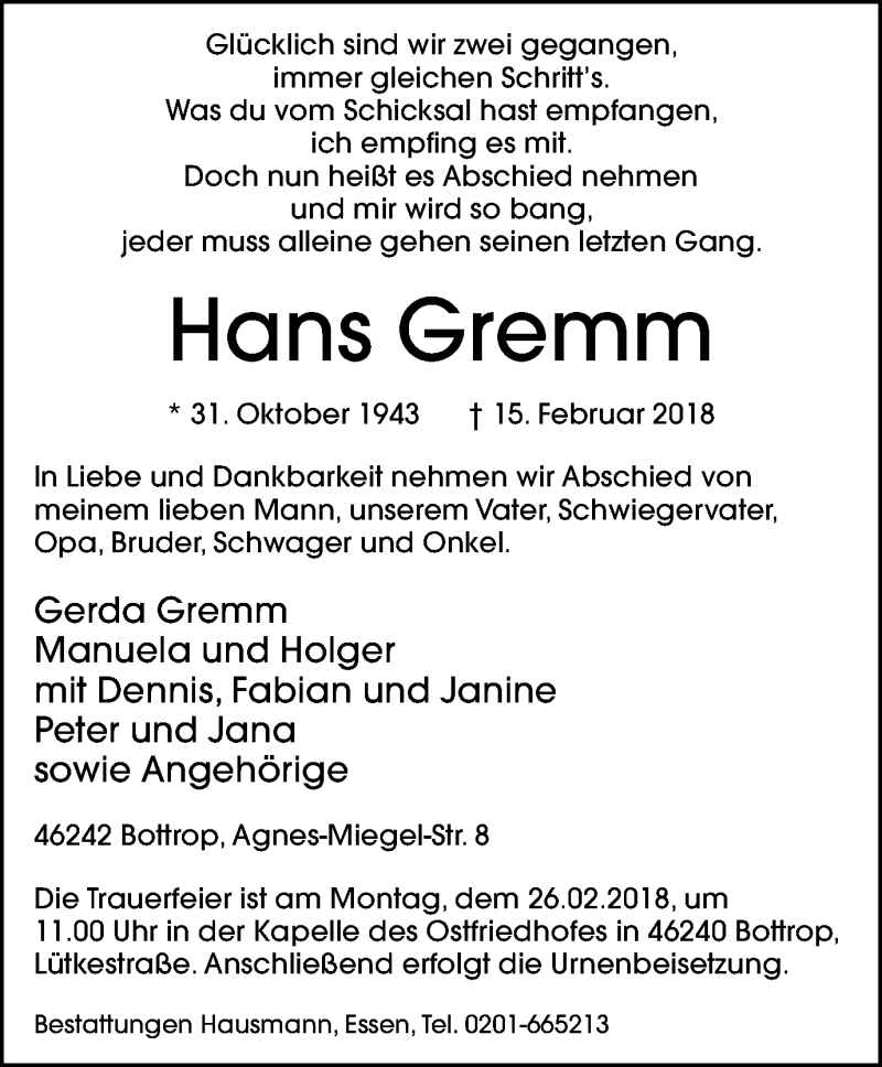  Traueranzeige für Hans Gremm vom 24.02.2018 aus Stadtspiegel Bottrop