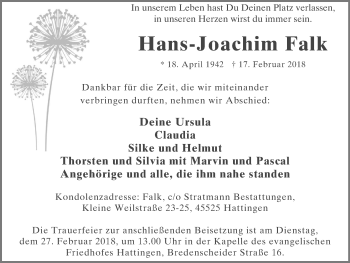 Traueranzeige von Hans-Joachim Falk von Stadtspiegel Hattingen/Niedersprockhövel