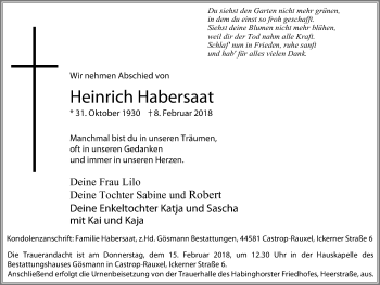 Traueranzeige von Heinrich Habersaat von Stadtanz.Castrop-Rauxel