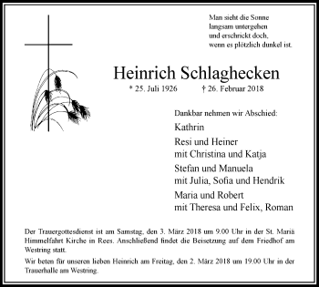 Traueranzeige von Heinrich Schlaghecken von Stadtanzeiger Emmerich/Rees/Isselburg