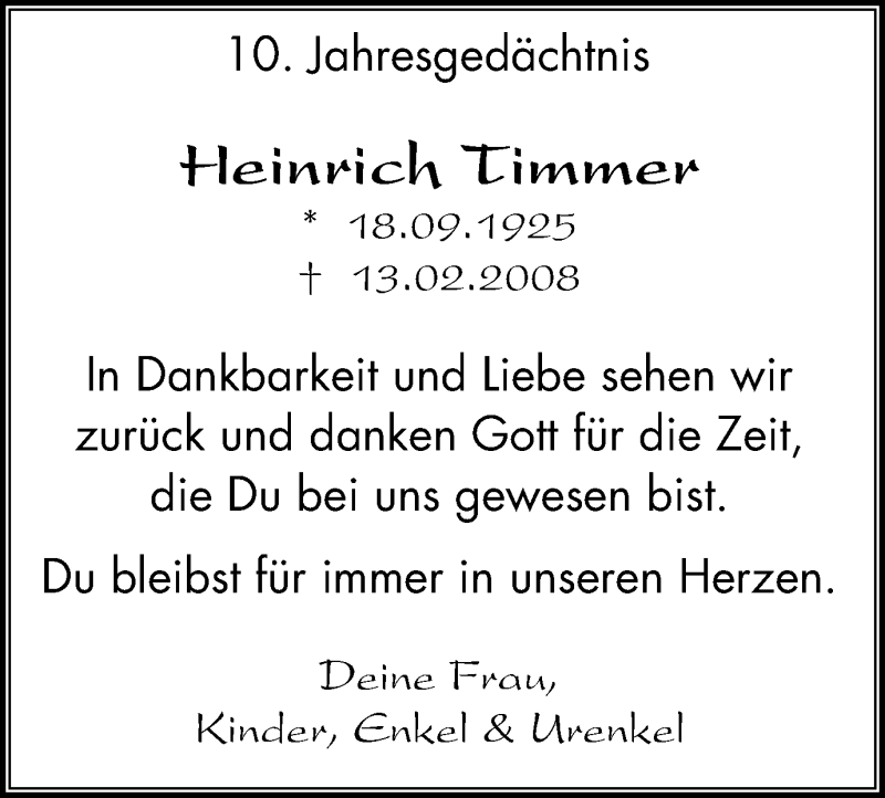  Traueranzeige für Heinrich Timmer vom 17.02.2018 aus Klever Wochenblatt