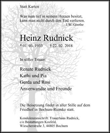 Traueranzeige von Heinz Rudnick von Stadtspiegel Bochum