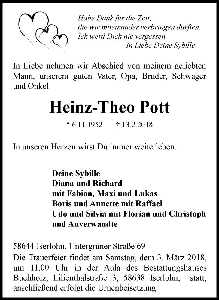  Traueranzeige für Heinz-Theo Pott vom 24.02.2018 aus Stadtspiegel Iserlohn + Hemer