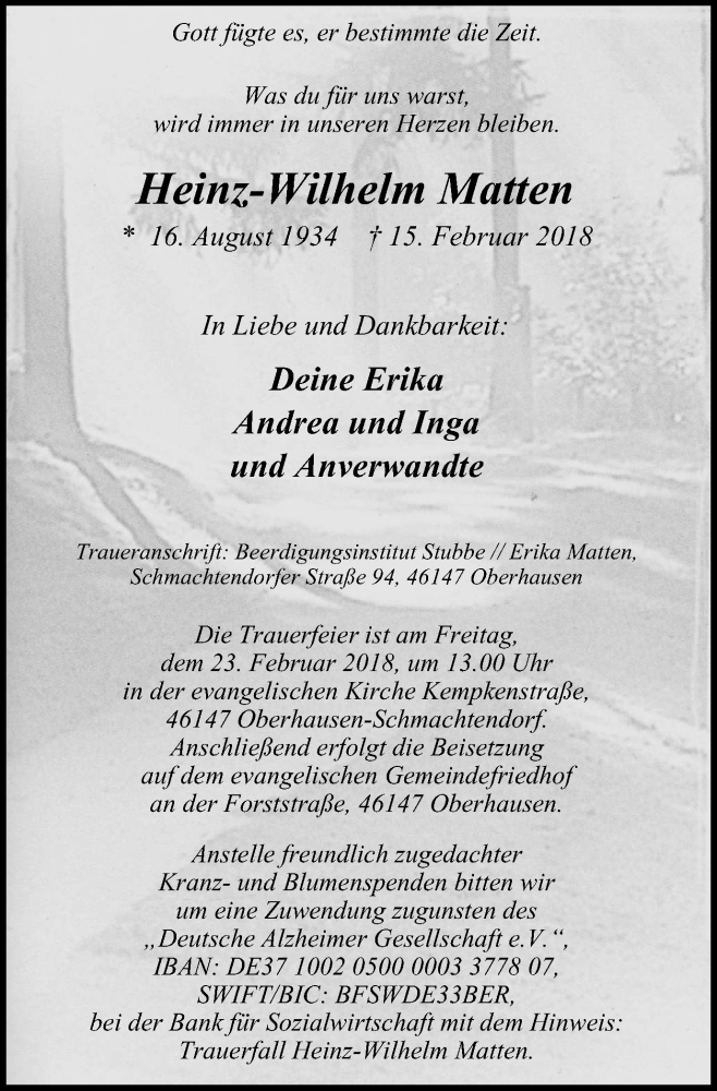  Traueranzeige für Heinz-Wilhelm Matten vom 21.02.2018 aus Wochen-Anzeiger Oberhausen