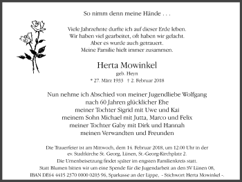 Traueranzeige von Herta Mowinkel von Lüner Anzeiger