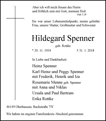 Traueranzeige von Hildegard Spenner von Mülheimer Woche