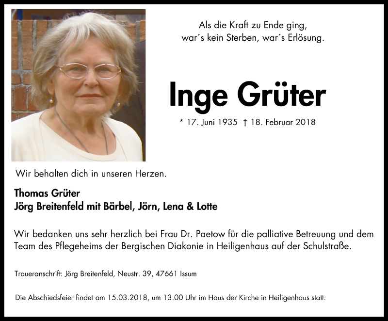  Traueranzeige für Inge Grüter vom 24.02.2018 aus Stadtanzeiger Velbert + Heiligenhaus