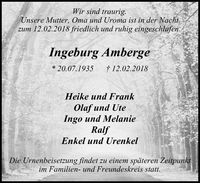  Traueranzeige für Ingeburg Amberge vom 17.02.2018 aus Mülheimer Woche