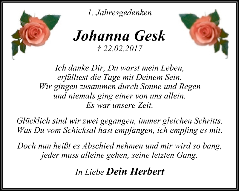  Traueranzeige für Johanna Gesk vom 21.02.2018 aus Stadtspiegel Bochum