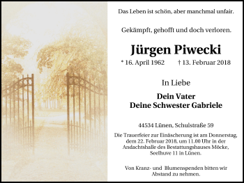 Traueranzeige von Jürgen Piwecki von Lüner Anzeiger