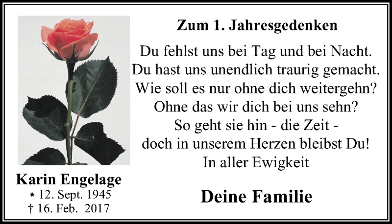  Traueranzeige für Karin Engelage vom 17.02.2018 aus Witten aktuell