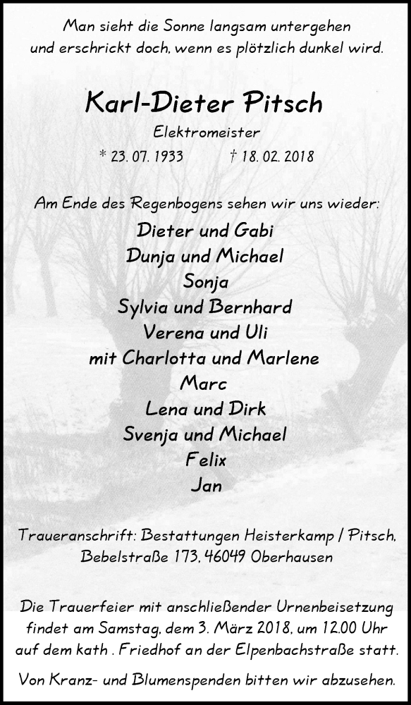  Traueranzeige für Karl-Dieter Pitsch vom 24.02.2018 aus Wochen-Anzeiger Oberhausen