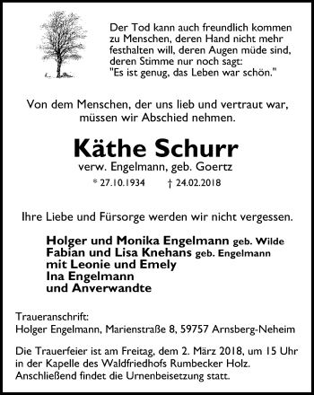 Traueranzeige von Käthe Schurr von Kombi WA Arnsberg + Sundern