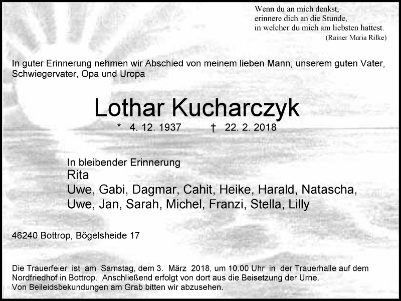  Traueranzeige für Lothar Kucharczyk vom 28.02.2018 aus Stadtspiegel Bottrop