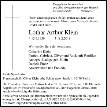 Traueranzeige von Lothar Arthur Klein von Stadtspiegel Hattingen/Niedersprockhövel