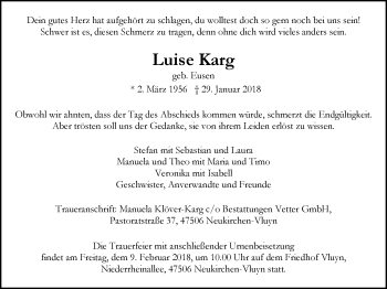 Traueranzeige von Luise Karg von Wochen-Magazin Moers + Kamp-L. + Neuk-Vluyn