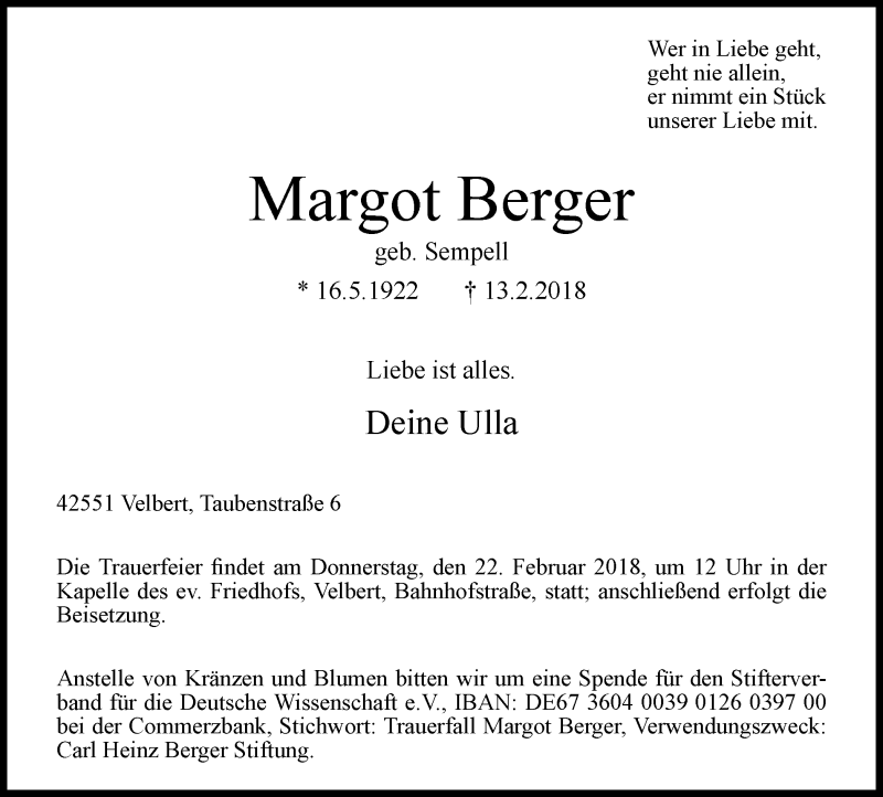  Traueranzeige für Margot Berger vom 17.02.2018 aus Stadtanzeiger Velbert + Heiligenhaus