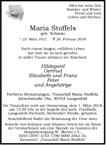 Traueranzeige von Maria Stoffels von Wochen-Anzeiger Langenfeld/Monheim/Hilden