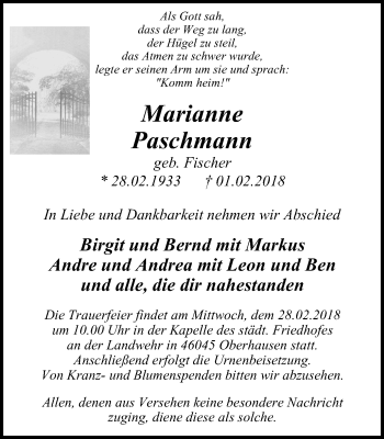 Traueranzeige von Marianne Paschmann von Wochen-Anzeiger Oberhausen