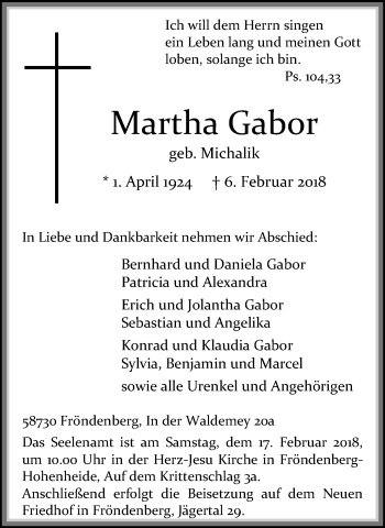 Traueranzeige von Martha Gabor von Stadtspiegel Menden + Froendenberg